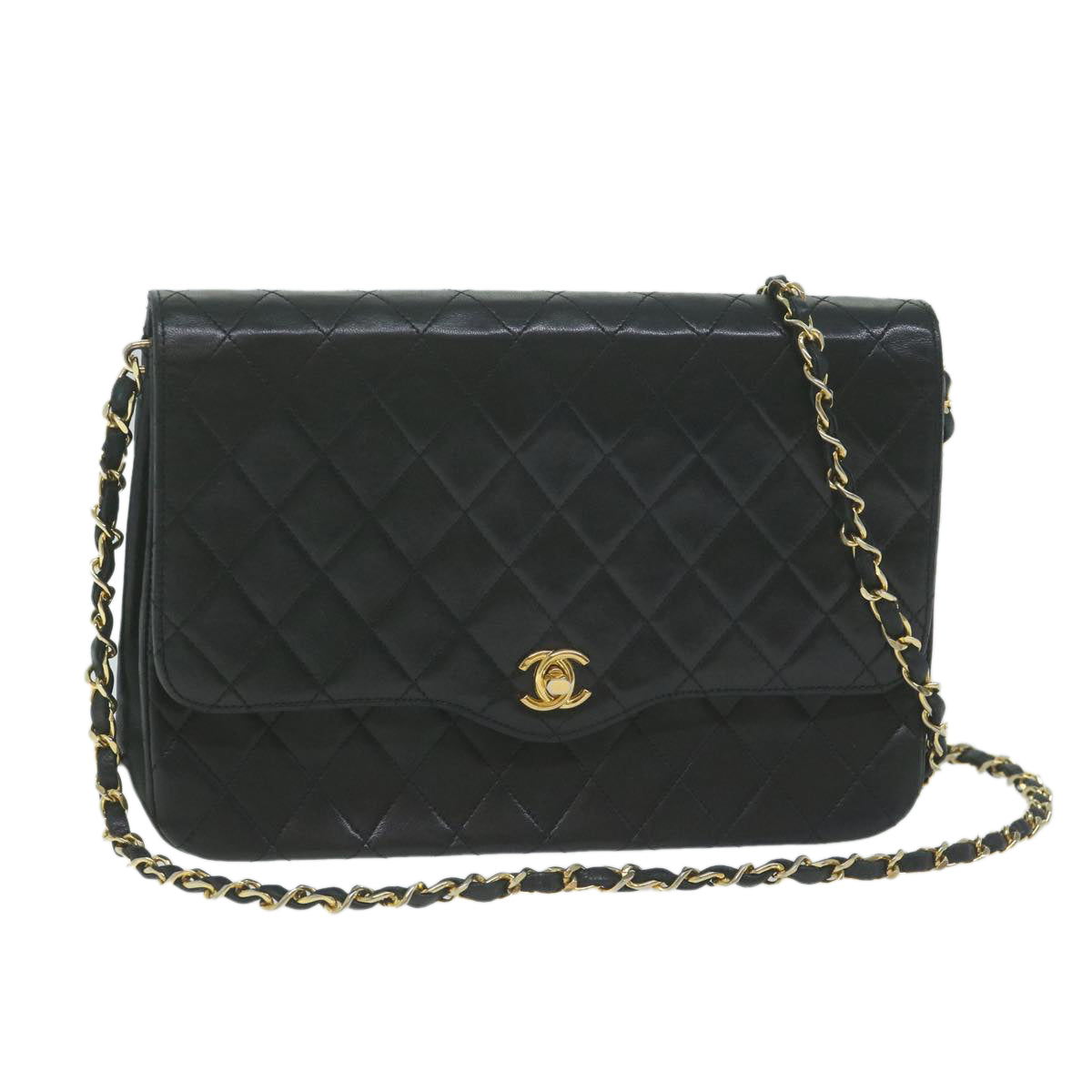 CHANEL Matelasse Chain Shoulder Bag Lamb Skin Black CC Auth bs11764