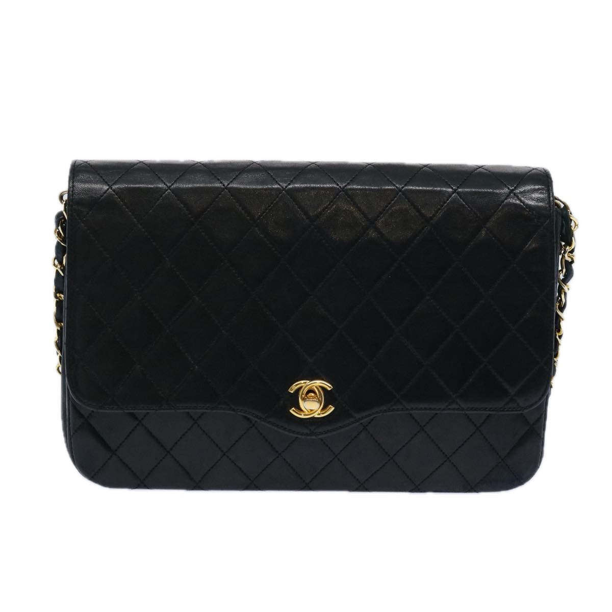 CHANEL Matelasse Chain Shoulder Bag Lamb Skin Black CC Auth bs11764