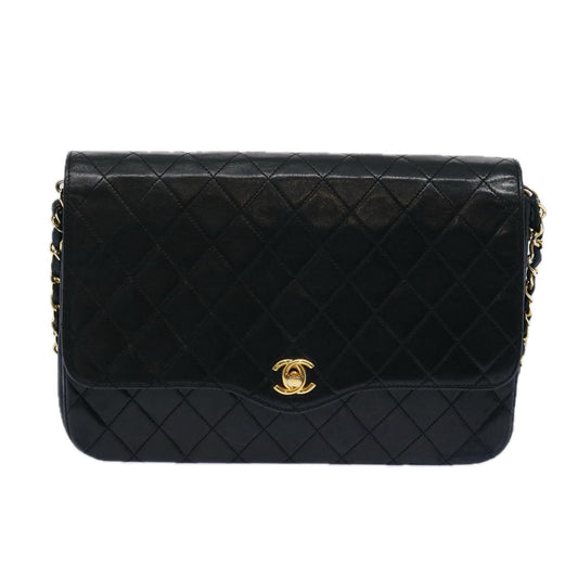 CHANEL Matelasse Chain Shoulder Bag Lamb Skin Black CC Auth bs11764
