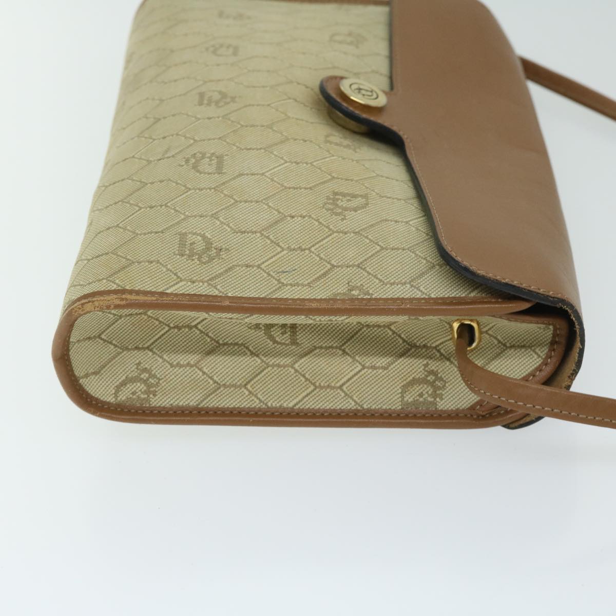 CHRISTIAN DIOR Honeycomb Canvas Shoulder Bag PVC Leather Beige Auth bs12456