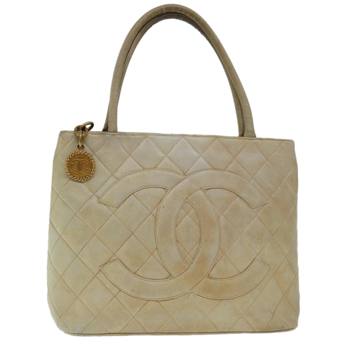 CHANEL Tote Bag Lamb Skin Beige CC Auth bs12535