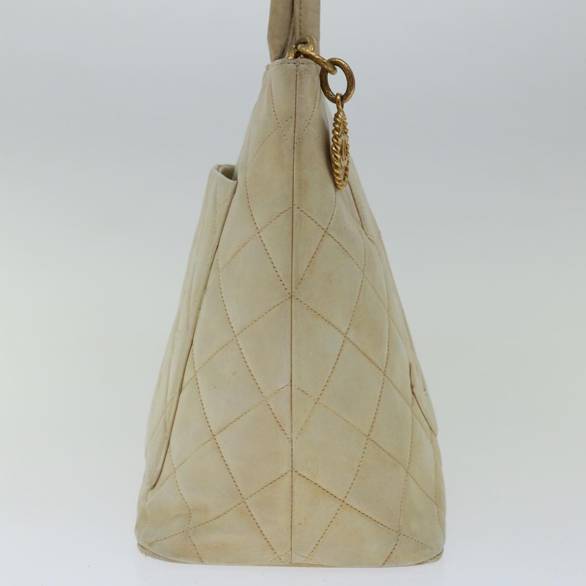 CHANEL Tote Bag Lamb Skin Beige CC Auth bs12535