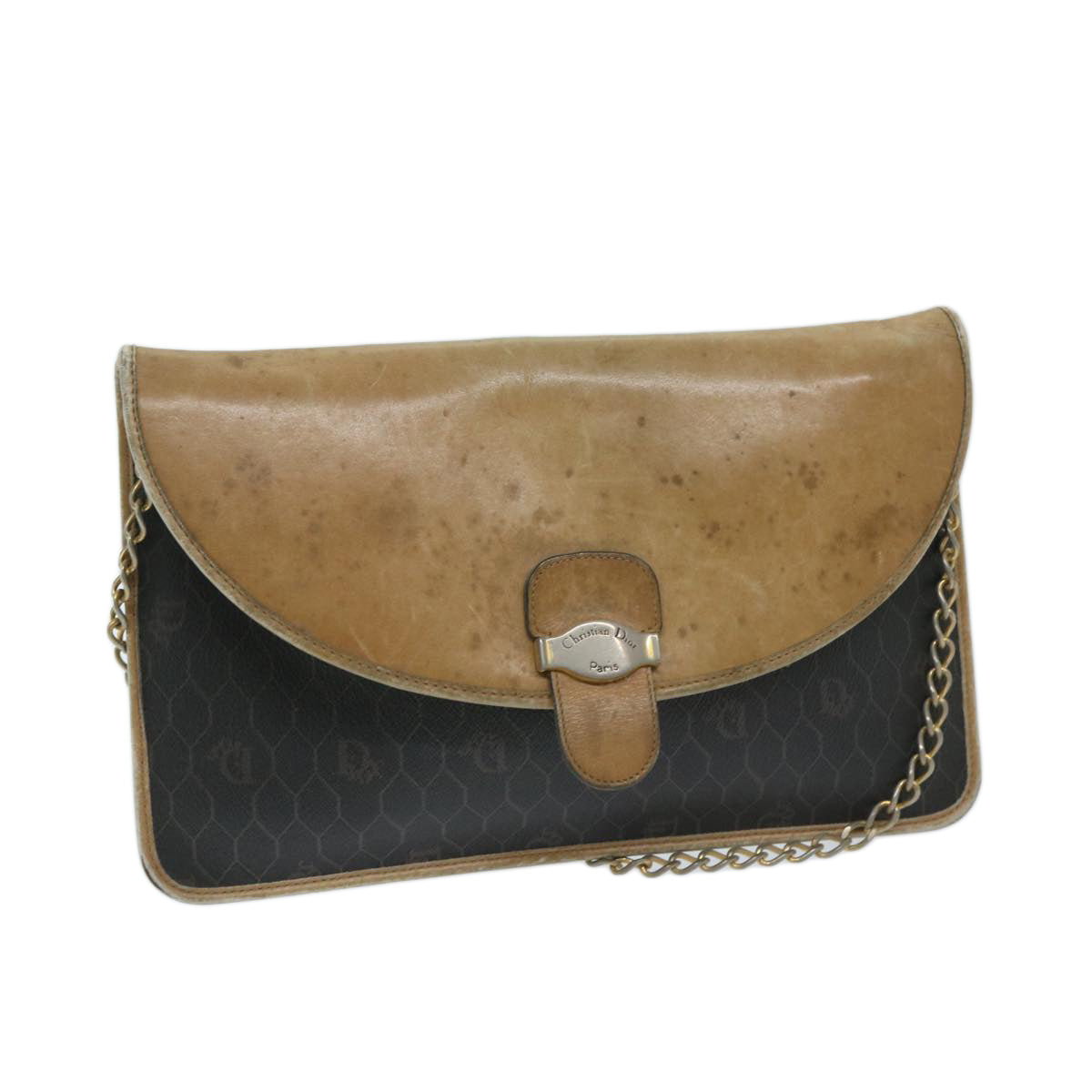 CHRISTIAN DIOR Honeycomb Canvas Chain Shoulder Bag PVC Black Auth bs12883