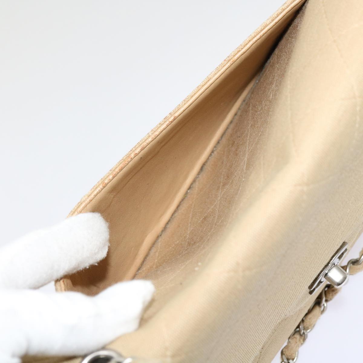 Top Quality Chanel Matelasse Chain Turn Lock Shoulder Bag cotton Beige CC Auth bs13037