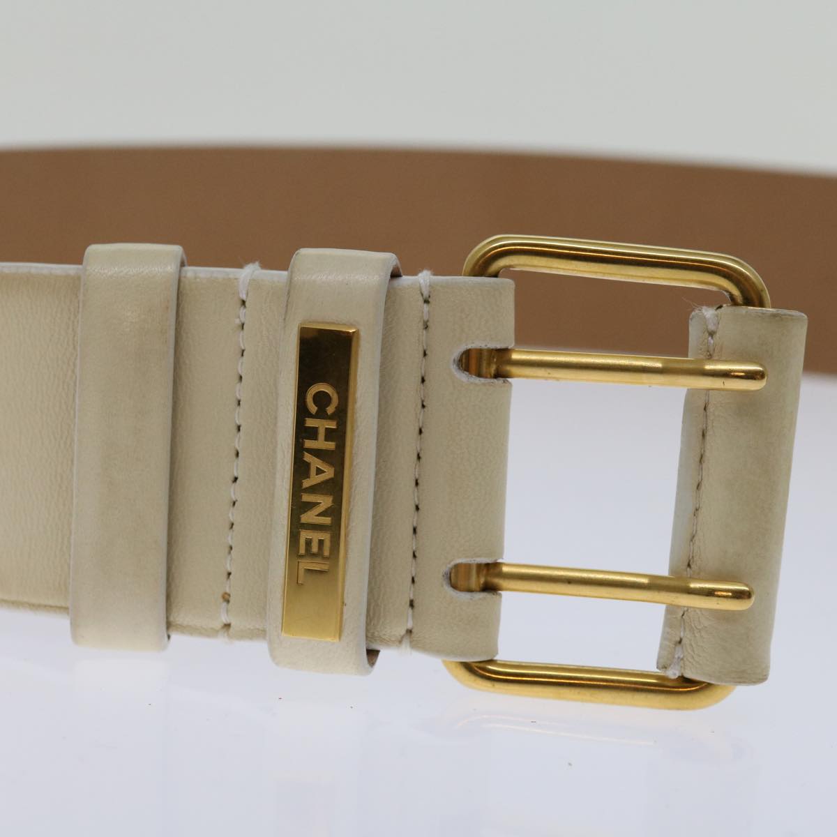 CHANEL Belt Lamb Skin 33.9" Beige CC Auth bs13045