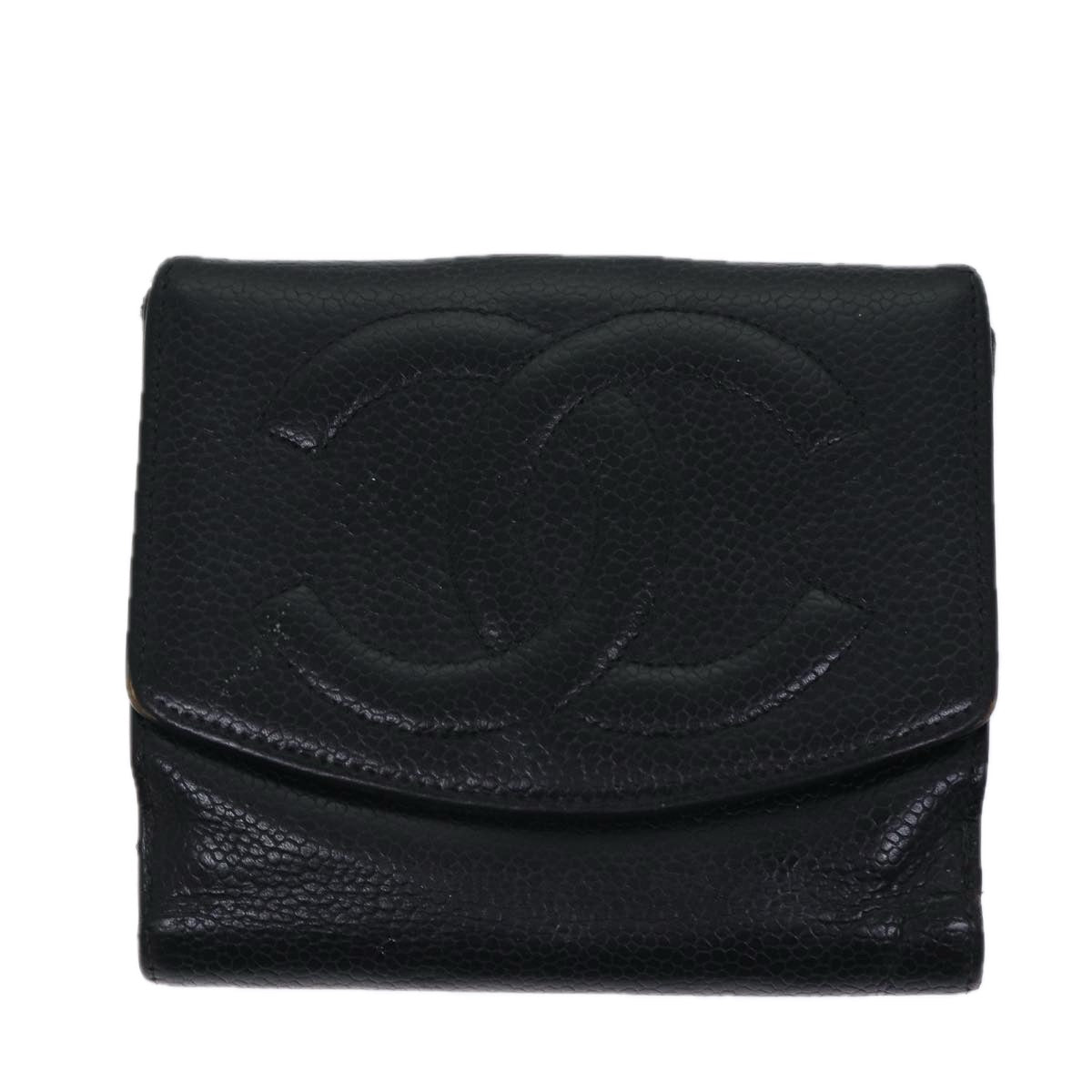 CHANEL Wallet Caviar Skin Black CC Auth bs13883