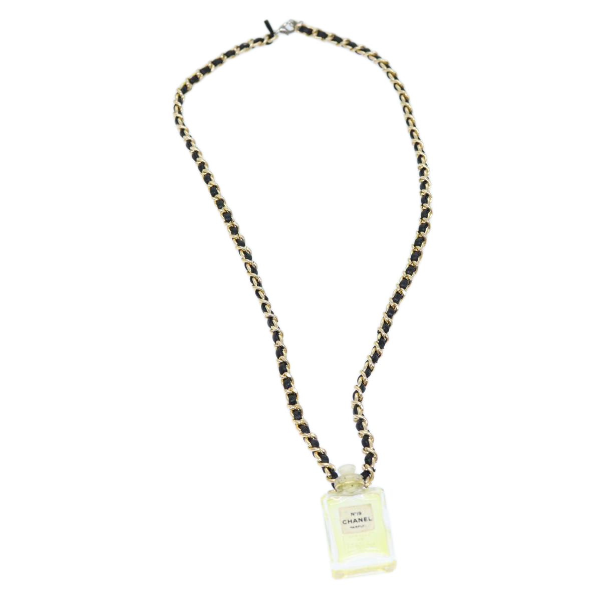 CHANEL Perfume N�‹19 Necklace Metal Leather Gold Black CC Auth bs13938