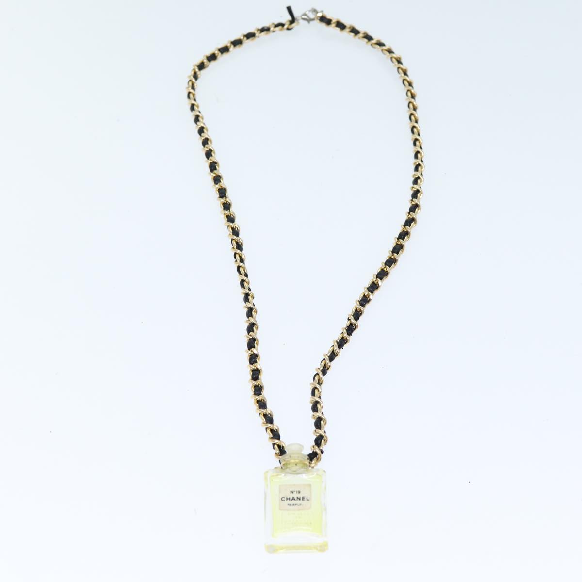 CHANEL Perfume N�‹19 Necklace Metal Leather Gold Black CC Auth bs13938