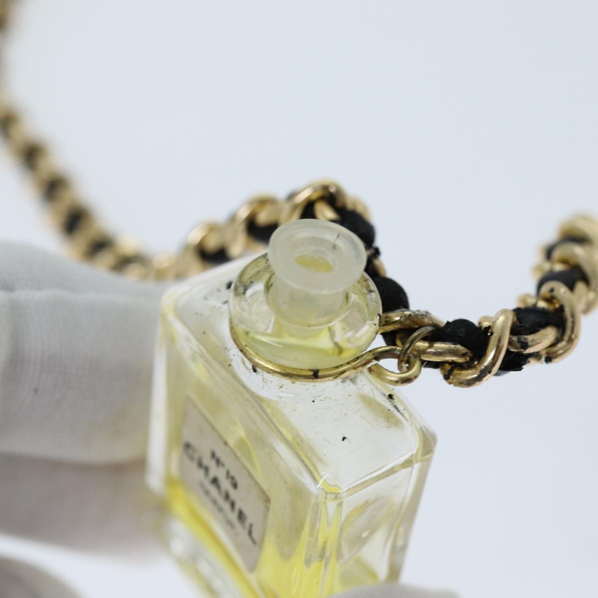 CHANEL Perfume N�‹19 Necklace Metal Leather Gold Black CC Auth bs13938