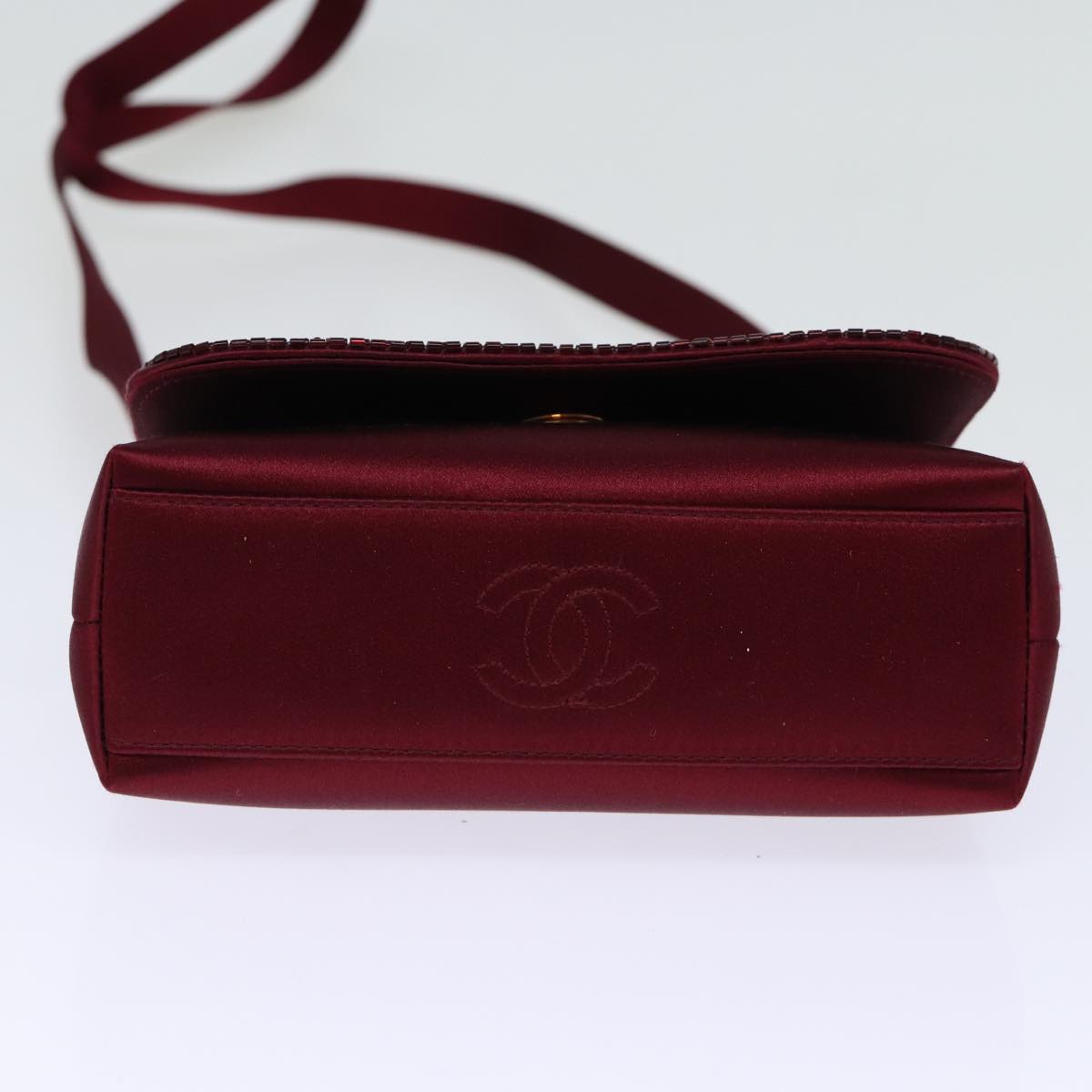 CHANEL Shoulder Bag Satin Red CC Auth bs13944