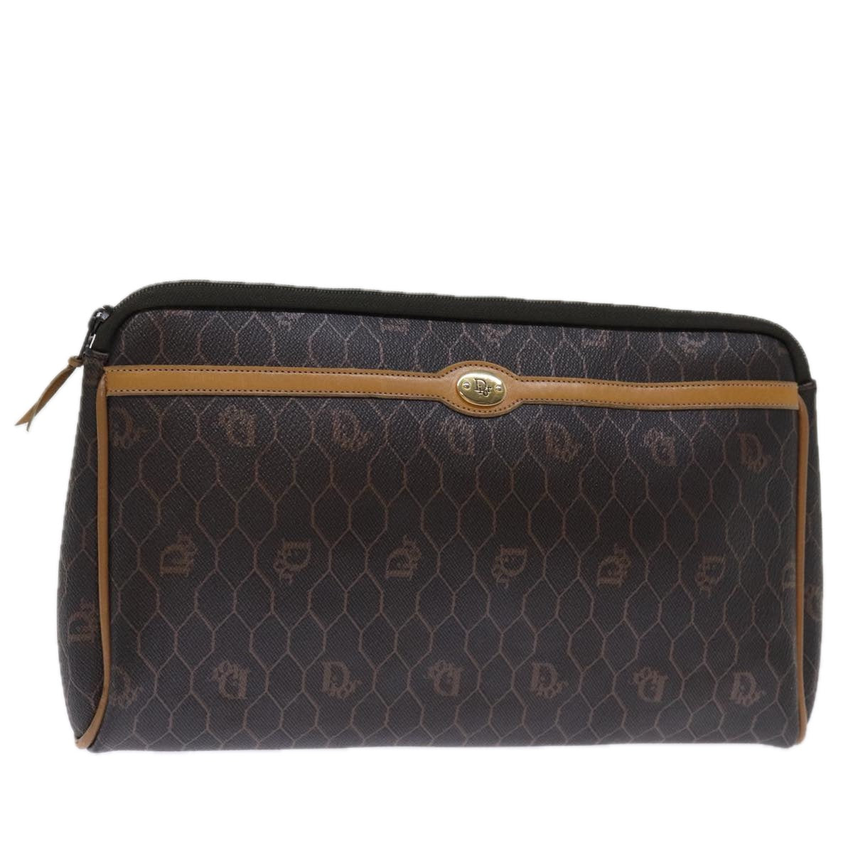 CHRISTIAN DIOR Honeycomb Canvas Clutch Bag PVC Leather Black Auth bs14214