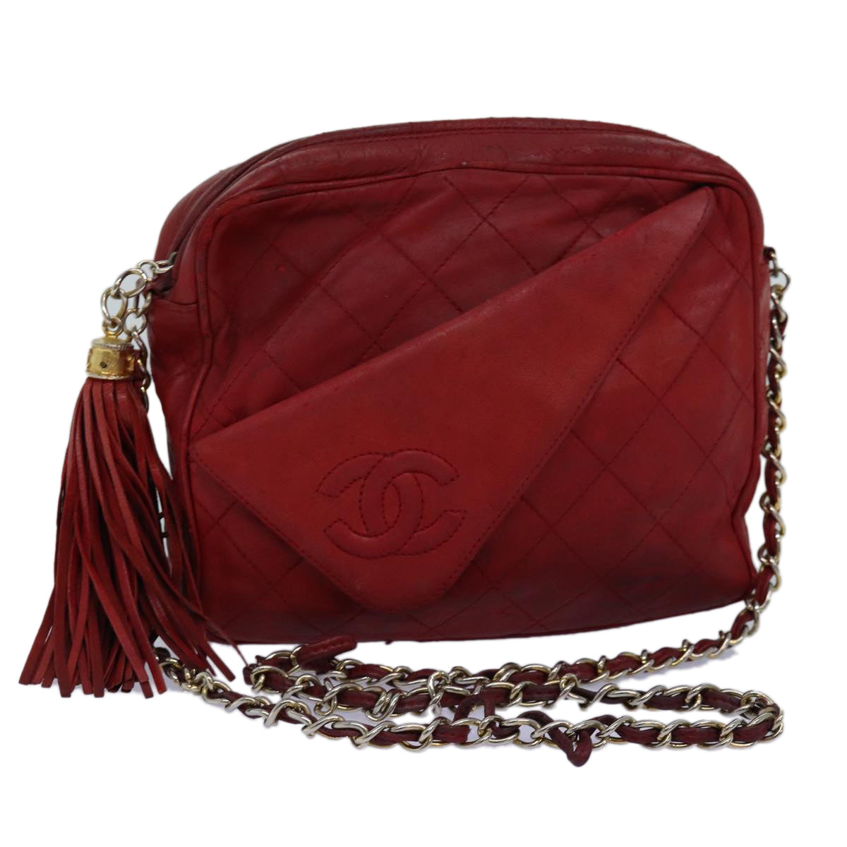 CHANEL Matelasse Chain Shoulder Bag Lamb Skin Red CC Auth bs14220