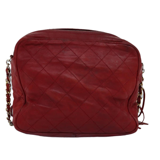 CHANEL Matelasse Chain Shoulder Bag Lamb Skin Red CC Auth bs14220