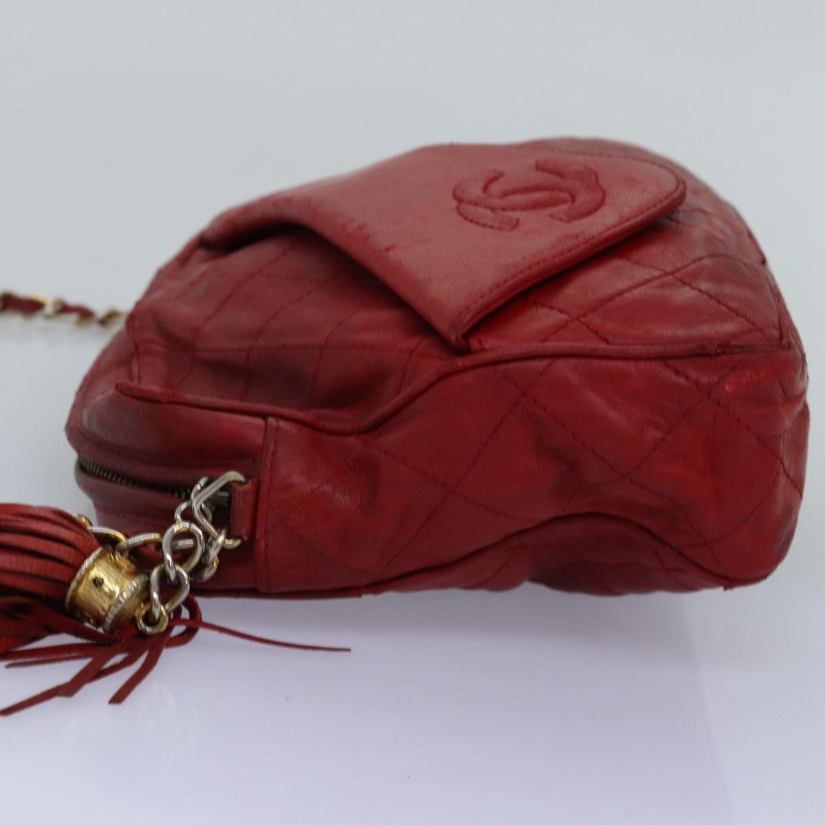 CHANEL Matelasse Chain Shoulder Bag Lamb Skin Red CC Auth bs14220