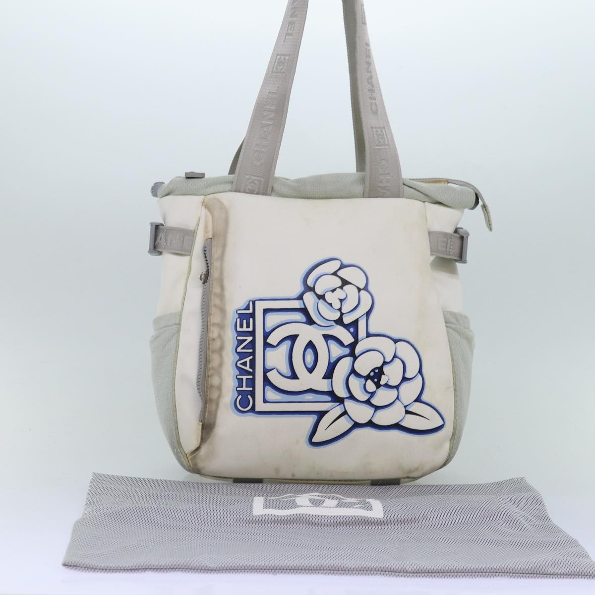 CHANEL Tote Bag Nylon White CC Auth bs14294