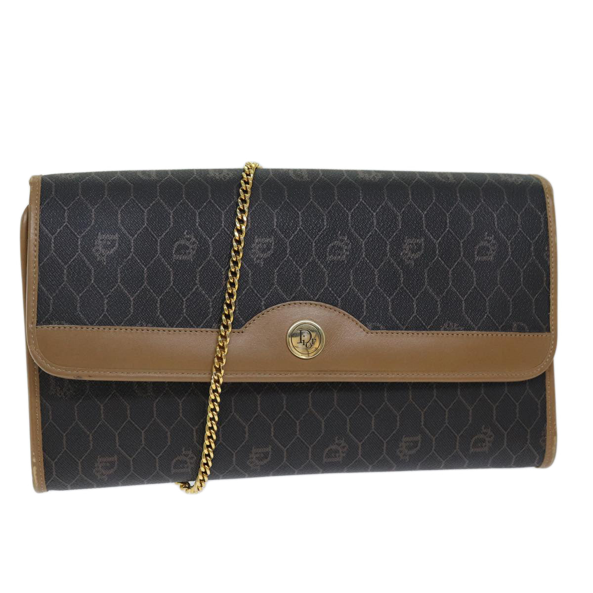 CHRISTIAN DIOR Honeycomb Canvas Chain Bag PVC Leather Black Auth bs14329