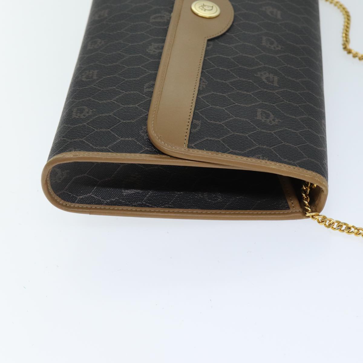 CHRISTIAN DIOR Honeycomb Canvas Chain Bag PVC Leather Black Auth bs14329