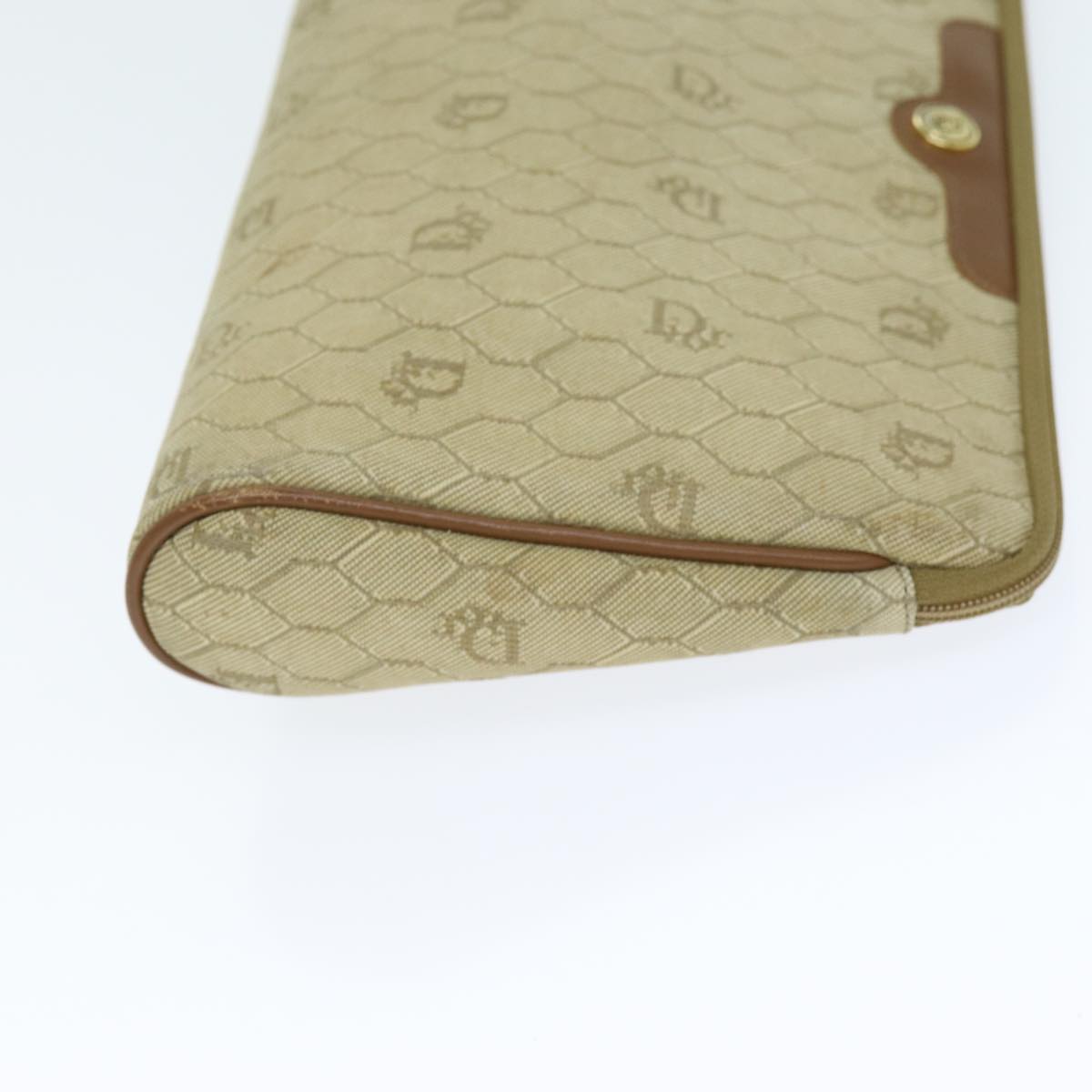 CHRISTIAN DIOR Honeycomb Canvas Clutch Bag PVC Leather Beige Auth bs14451