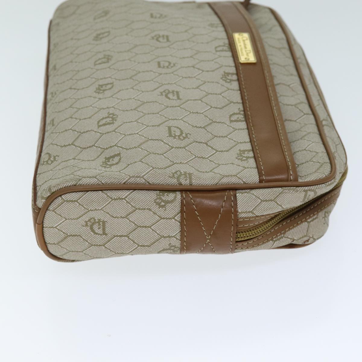 CHRISTIAN DIOR Honeycomb Canvas Clutch Bag PVC Leather Beige Auth bs14478