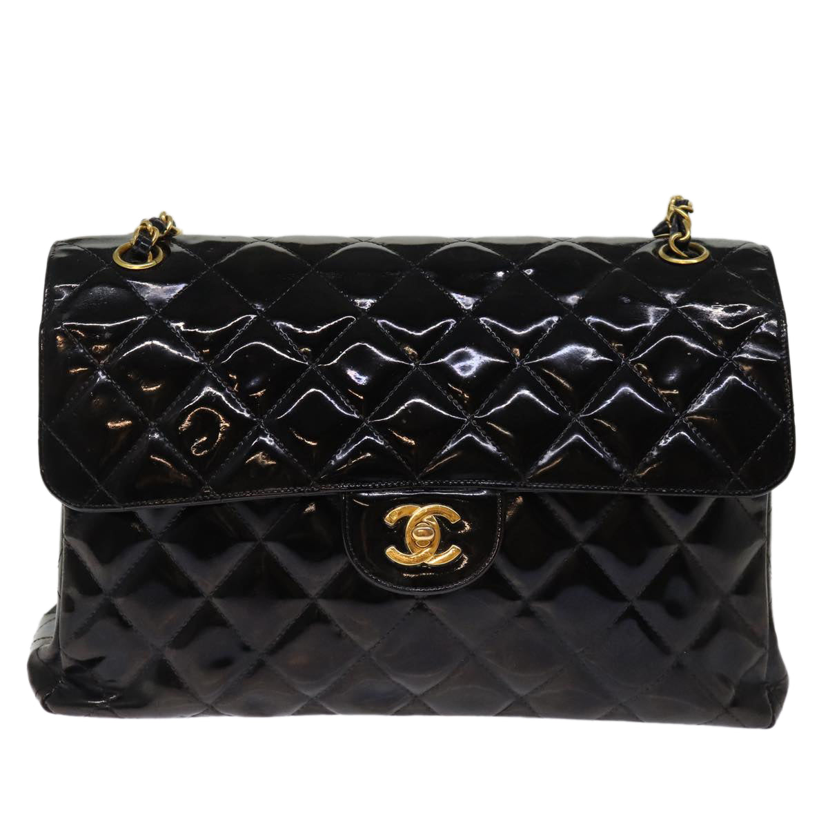 Top Quality Chanel Matelasse Double Face Chain Shoulder Bag Enamel Black CC Auth bs14656A