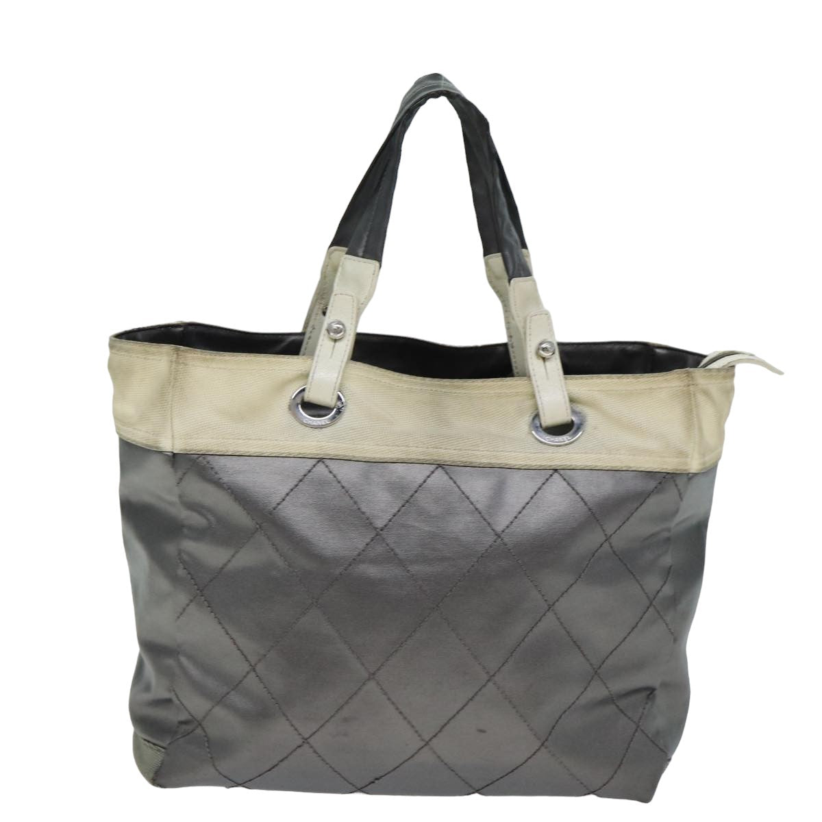 CHANEL Paris Biarritz Tote MM Tote Bag Coated Canvas Silver CC Auth bs15122