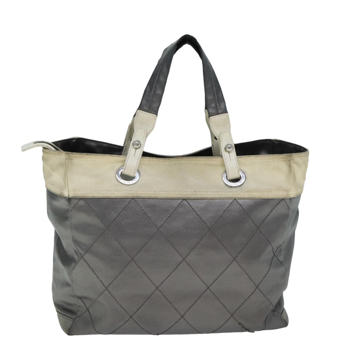 CHANEL Paris Biarritz Tote MM Tote Bag Coated Canvas Silver CC Auth bs15122