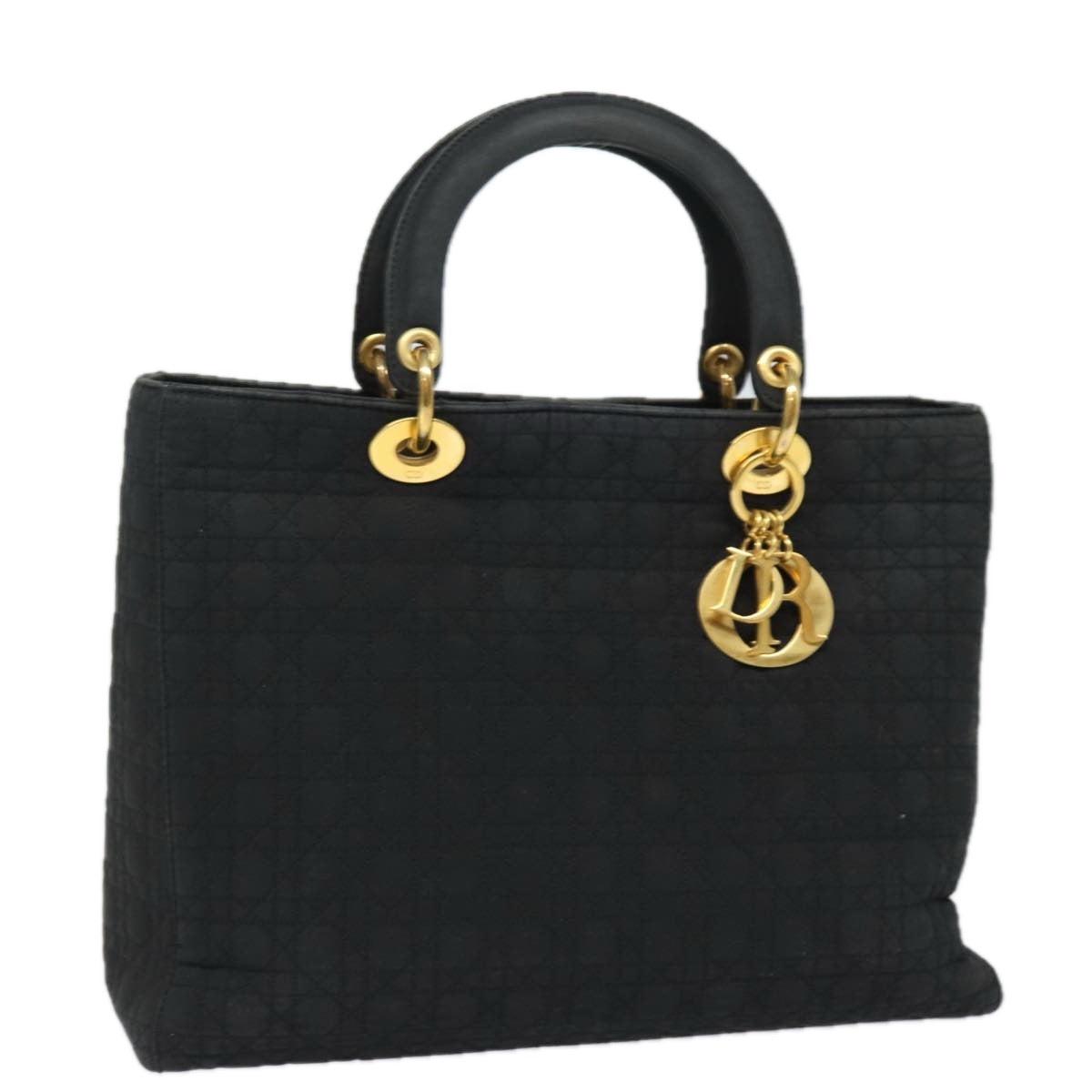 CHRISTIAN DIOR Lady Dior Canage Hand Bag Nylon Black Auth bs15338