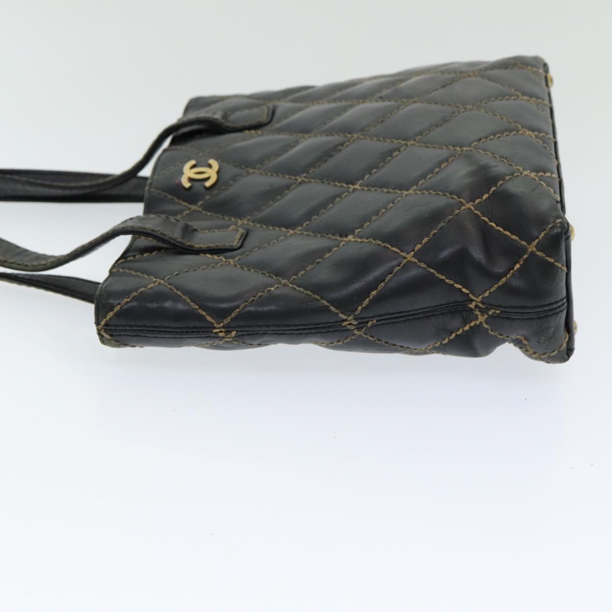 CHANEL Matelasse Wild Stitch Tote Bag Leather Black CC Auth bs16254