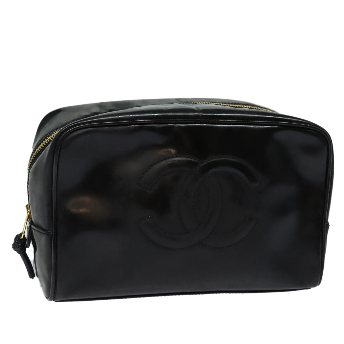 Top Quality Chanel COCO Mark Vanity Cosmetic Pouch Enamel Black Gold CC Auth bs16594