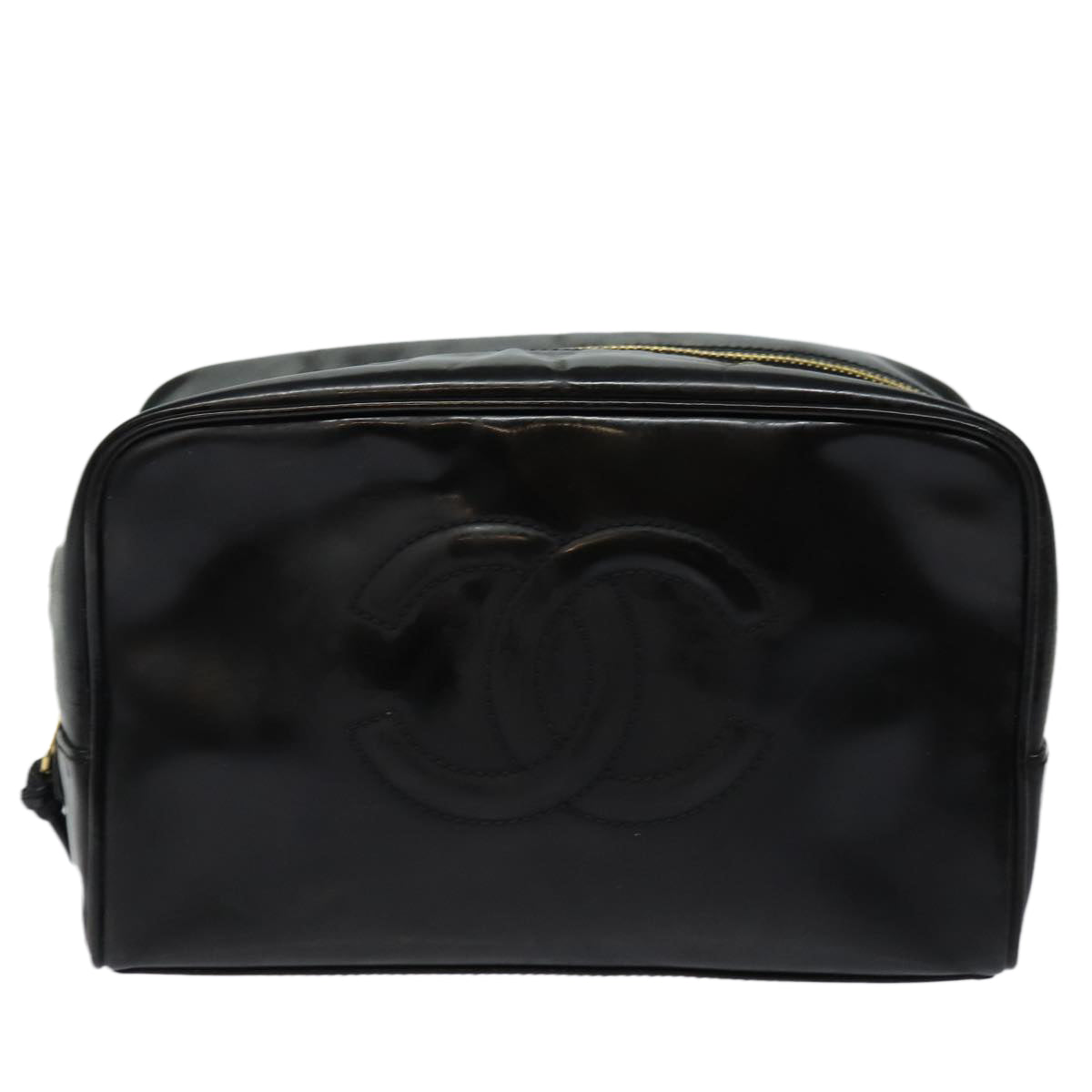 Top Quality Chanel COCO Mark Vanity Cosmetic Pouch Enamel Black Gold CC Auth bs16594