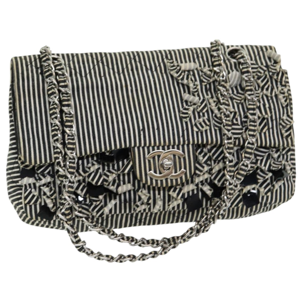 Top Quality Chanel Matelasse Turn Lock Chain Hand Bag Canvas Black Silver CC Auth bs16629