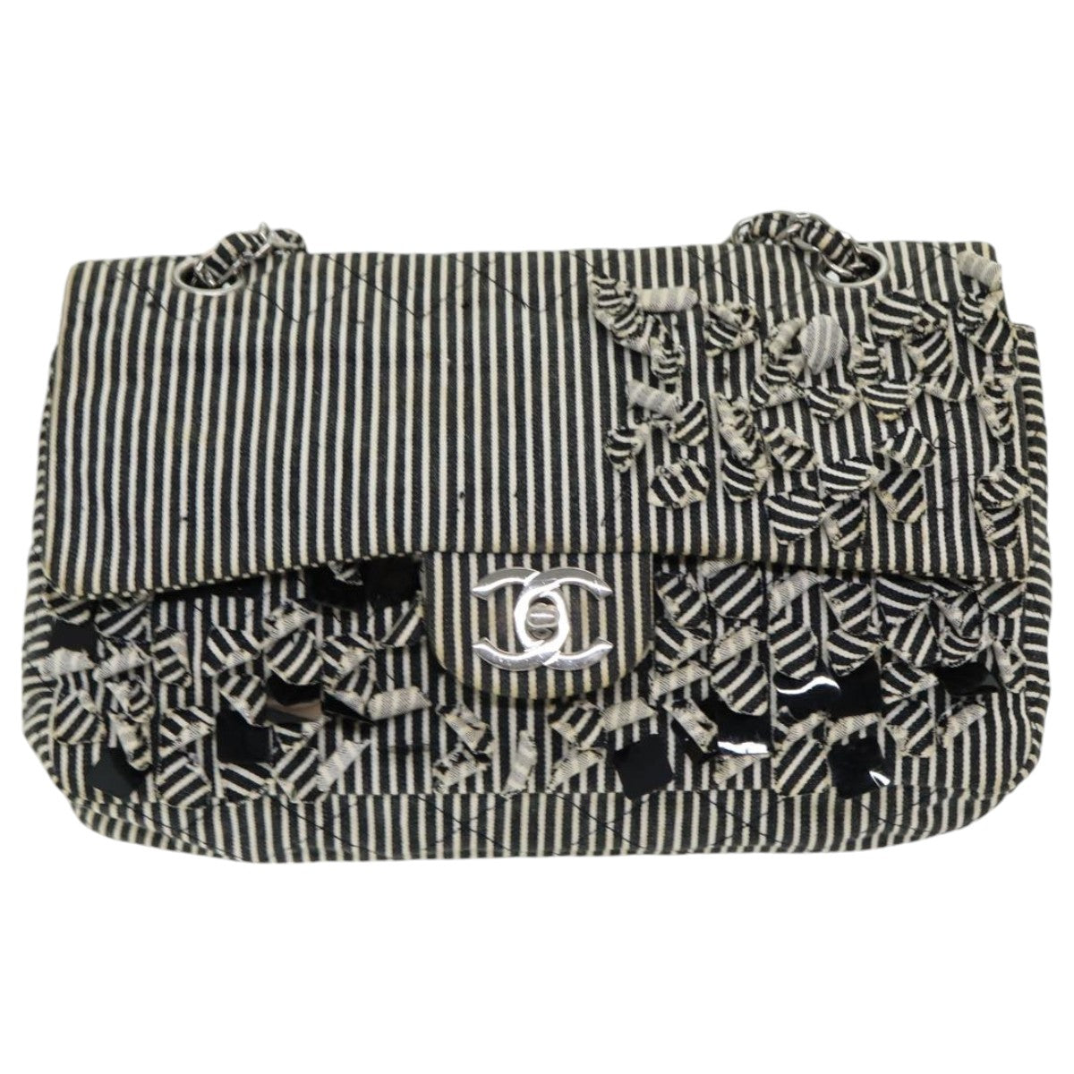 Top Quality Chanel Matelasse Turn Lock Chain Hand Bag Canvas Black Silver CC Auth bs16629