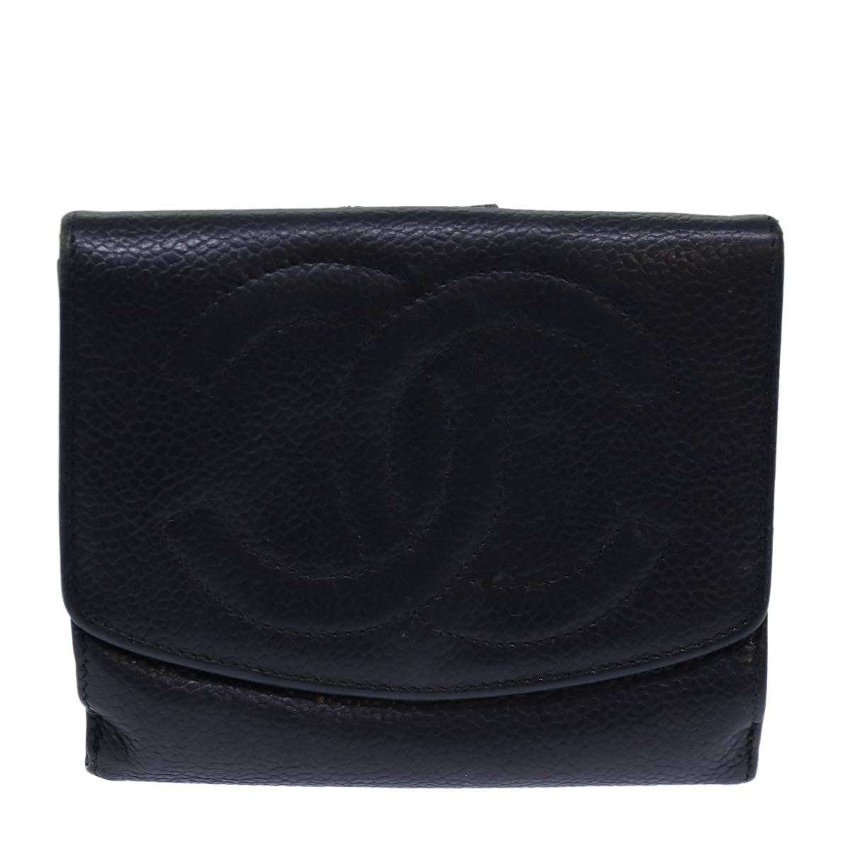 Top Quality Chanel COCO Mark Wallet Caviar Skin Black Gold CC Auth bs16751
