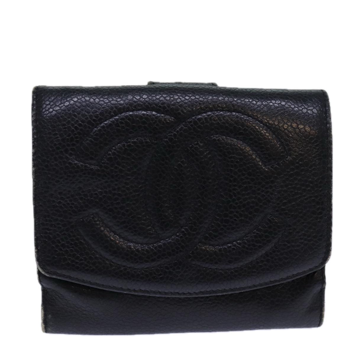 Top Quality Chanel COCO Mark Wallet Caviar Skin Black Gold CC Auth bs16752