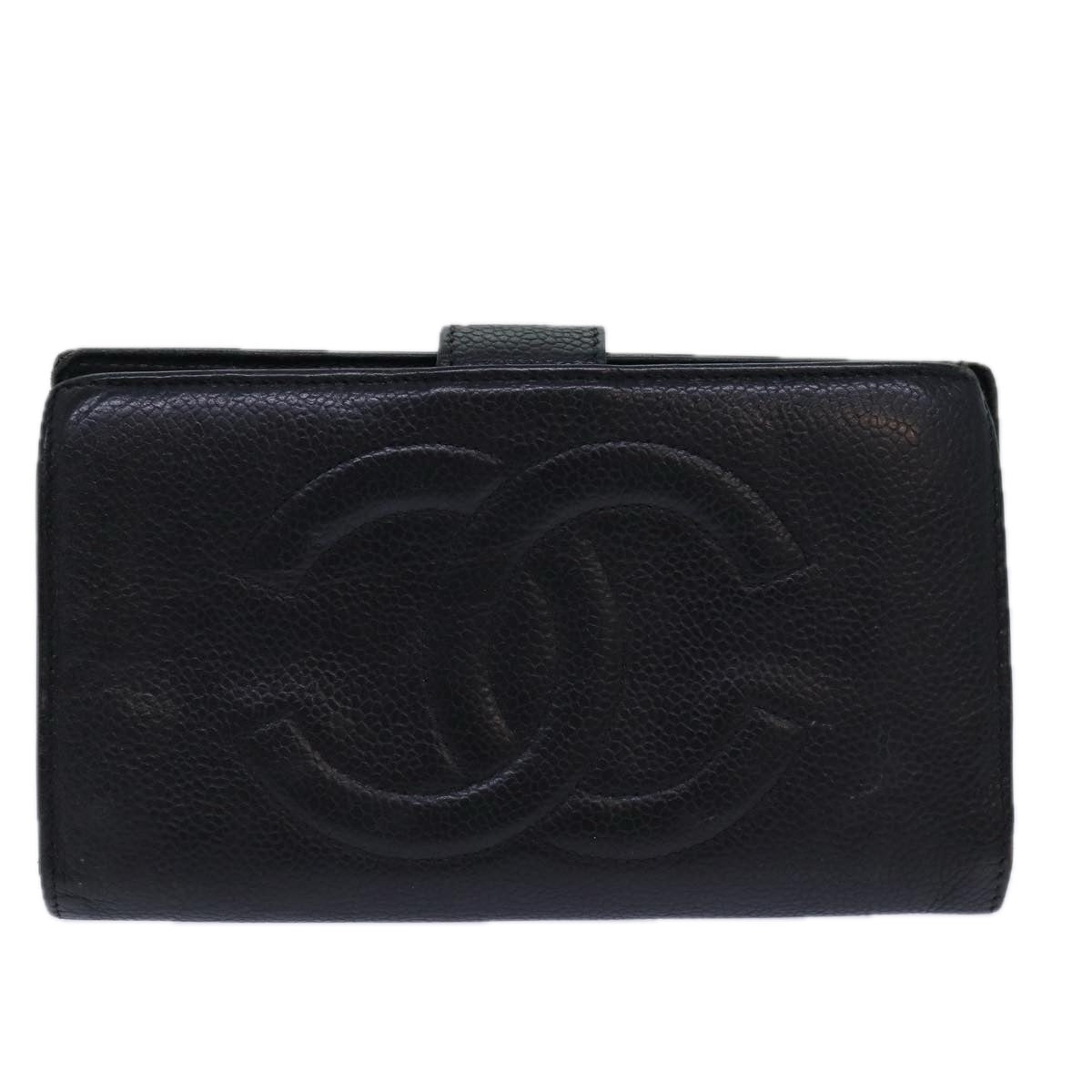 Top Quality Chanel COCO Mark Wallet Caviar Skin Black Gold CC Auth bs16762