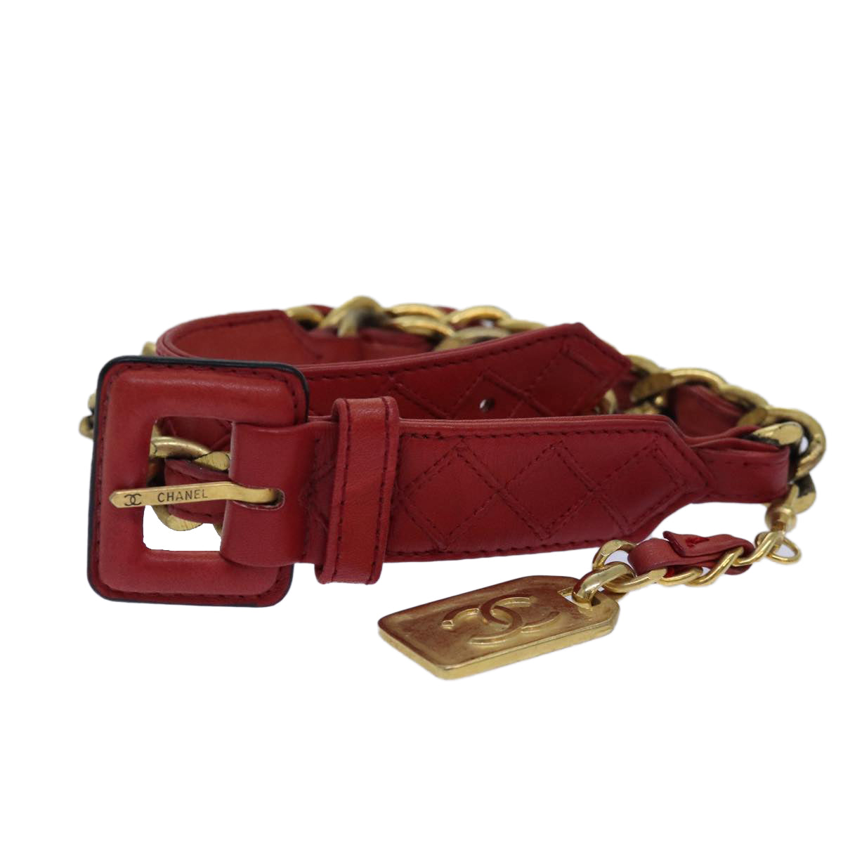 CHANEL Bicolore Chain Belt Leather metal 26.8"-28.7" Red Gold CC Auth bs16764