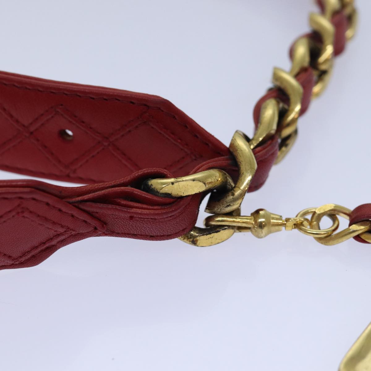 CHANEL Bicolore Chain Belt Leather metal 26.8"-28.7" Red Gold CC Auth bs16764