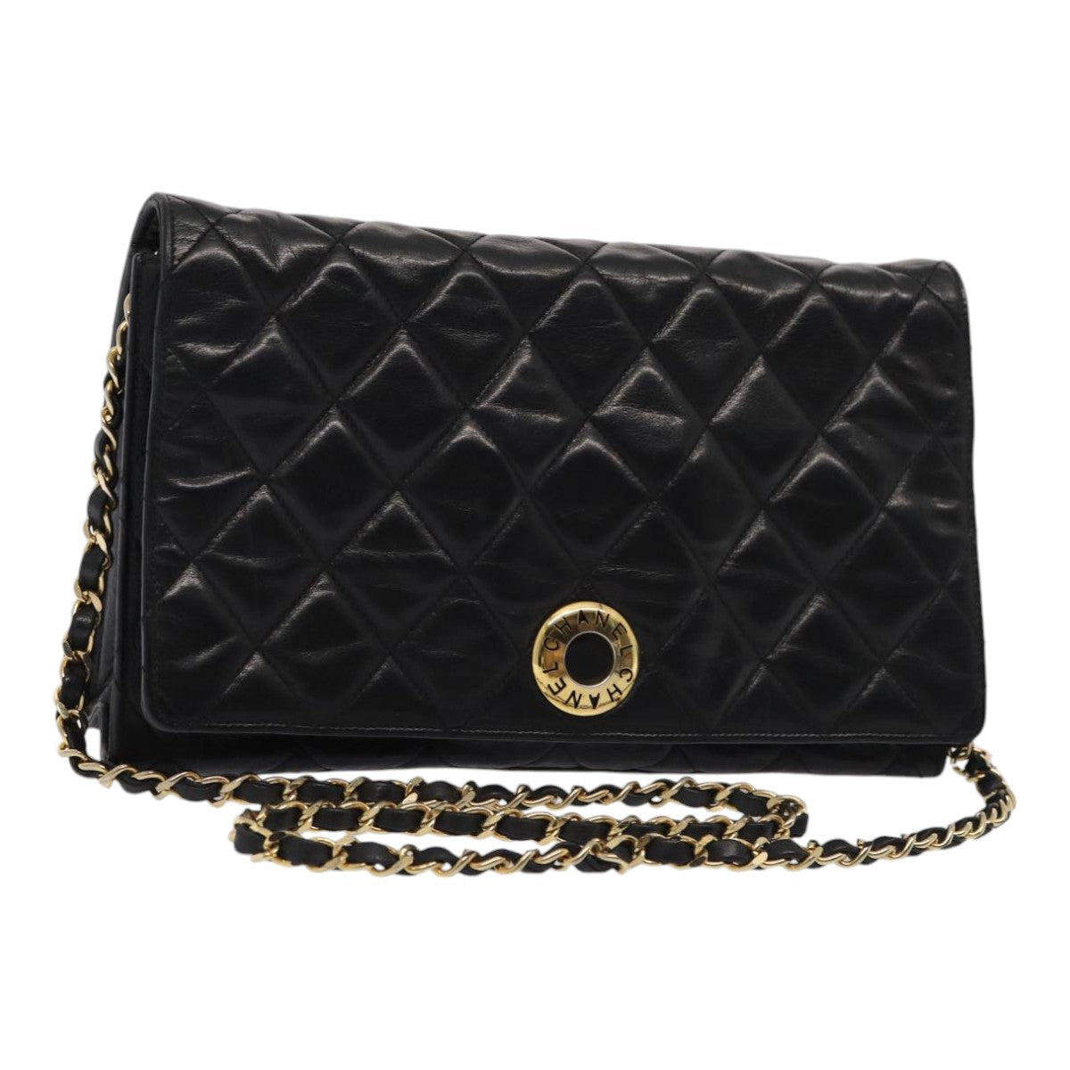 Top Quality Chanel Matelasse Chain Shoulder Bag Leather Black Gold CC Auth bs17124
