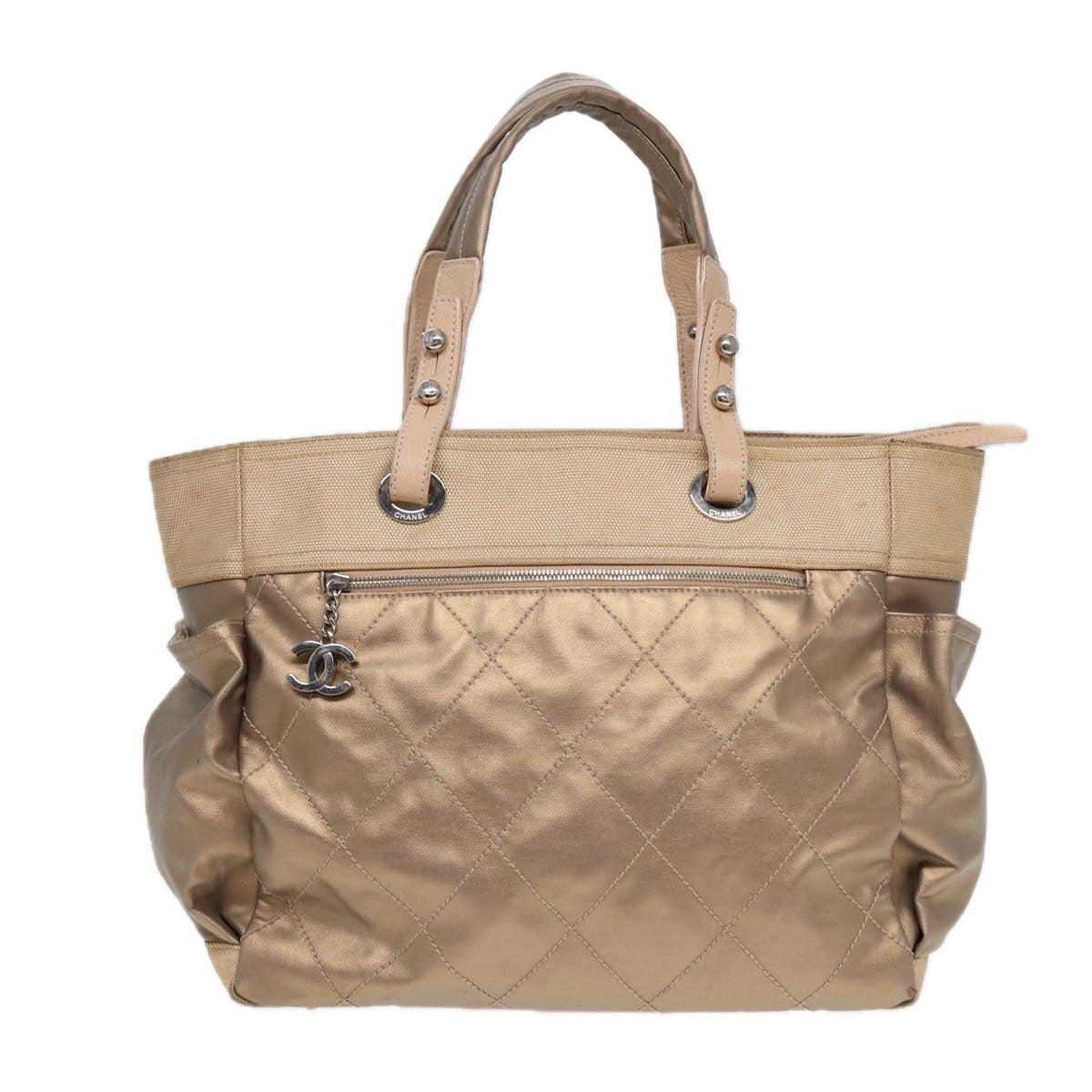 Top Quality Chanel Paris Biarritz GM Tote Bag Coated Canvas Gold Tone Silver CC Auth bs17228
