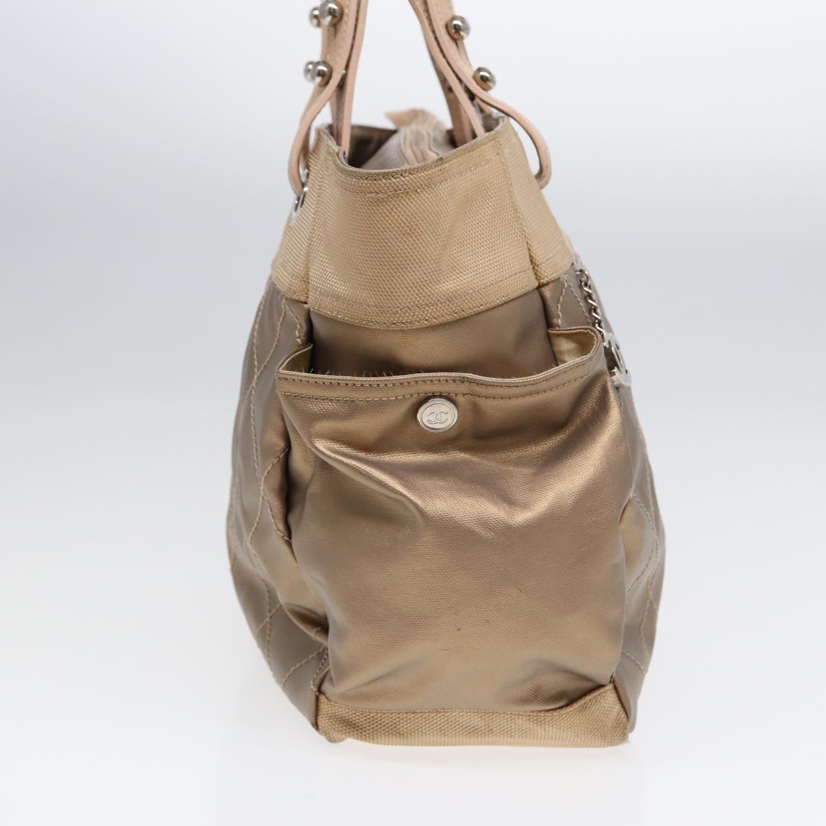 Top Quality Chanel Paris Biarritz GM Tote Bag Coated Canvas Gold Tone Silver CC Auth bs17228