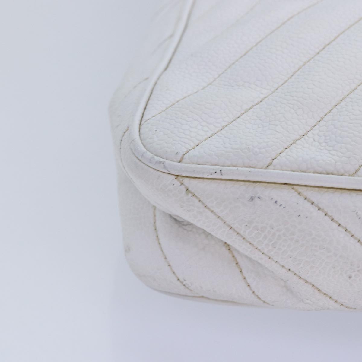 Top Quality Chanel Mademoiselle Chain Shoulder Bag Caviar Skin White Gold CC Auth bs17332