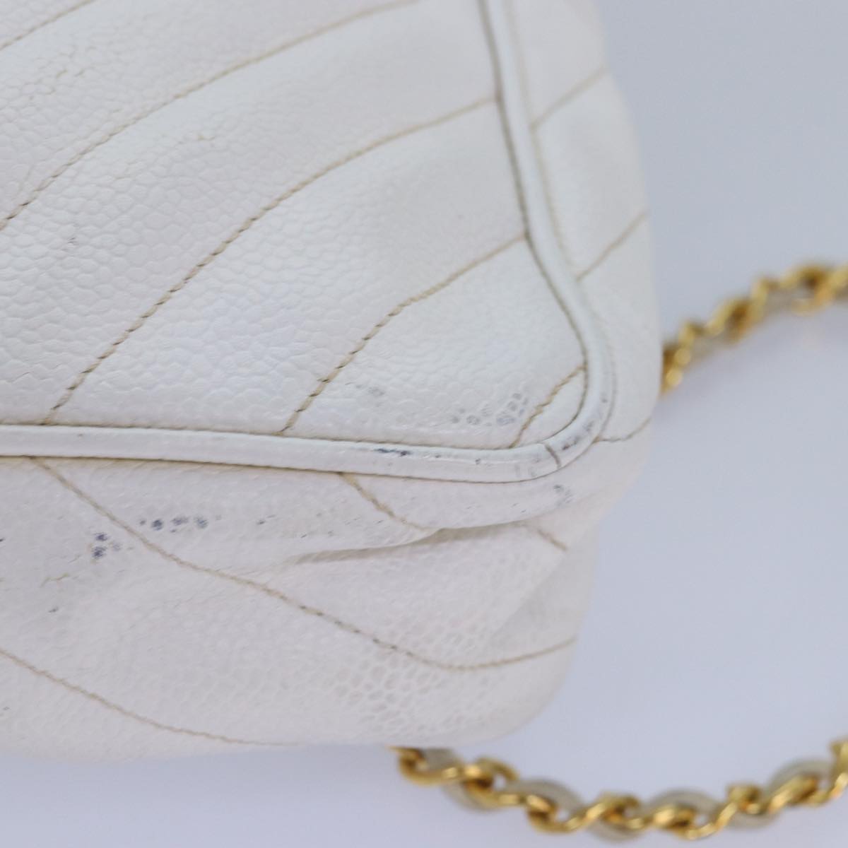 Top Quality Chanel Mademoiselle Chain Shoulder Bag Caviar Skin White Gold CC Auth bs17332