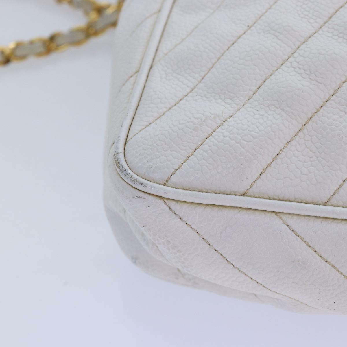 Top Quality Chanel Mademoiselle Chain Shoulder Bag Caviar Skin White Gold CC Auth bs17332