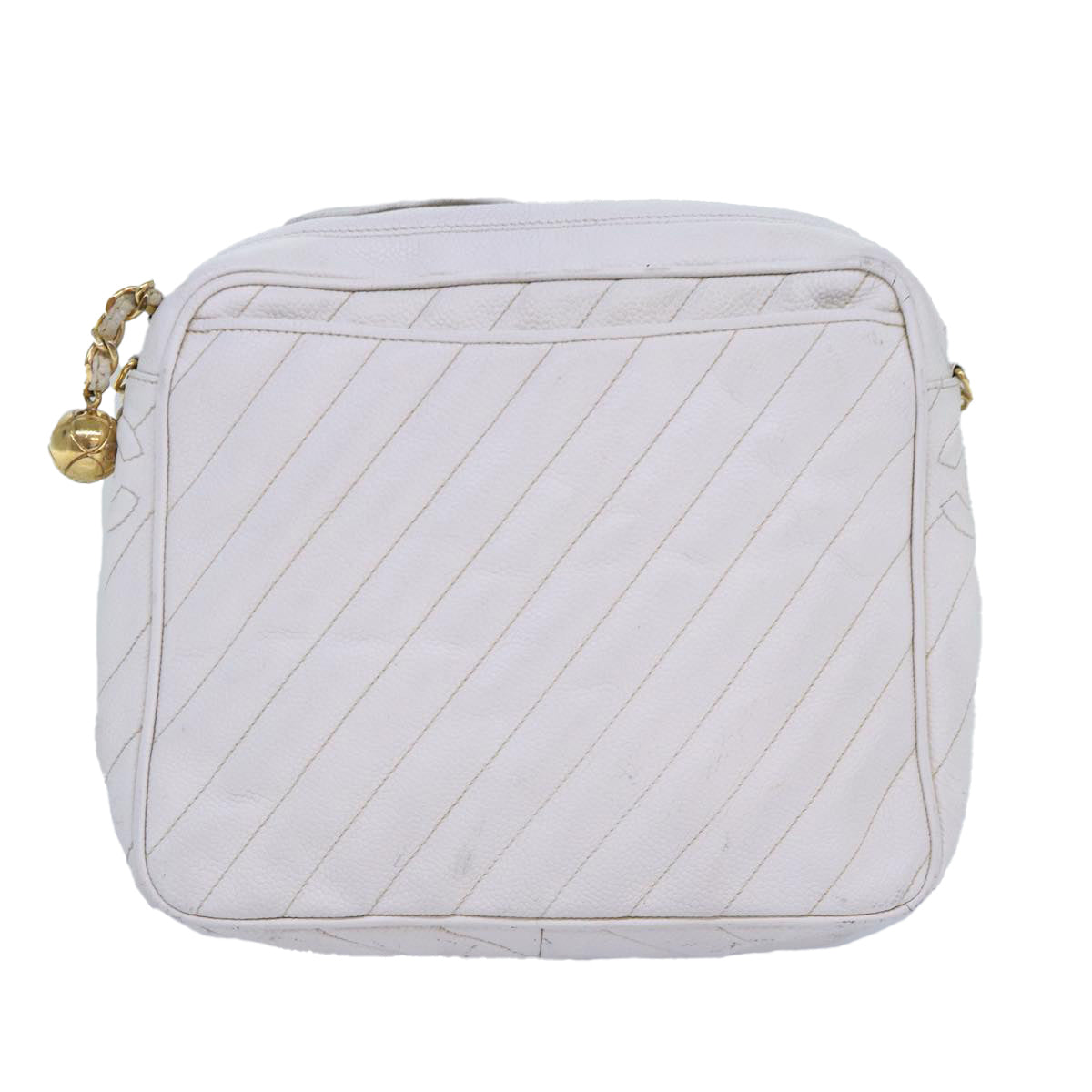 Top Quality Chanel Mademoiselle Chain Shoulder Bag Caviar Skin White Gold CC Auth bs17332