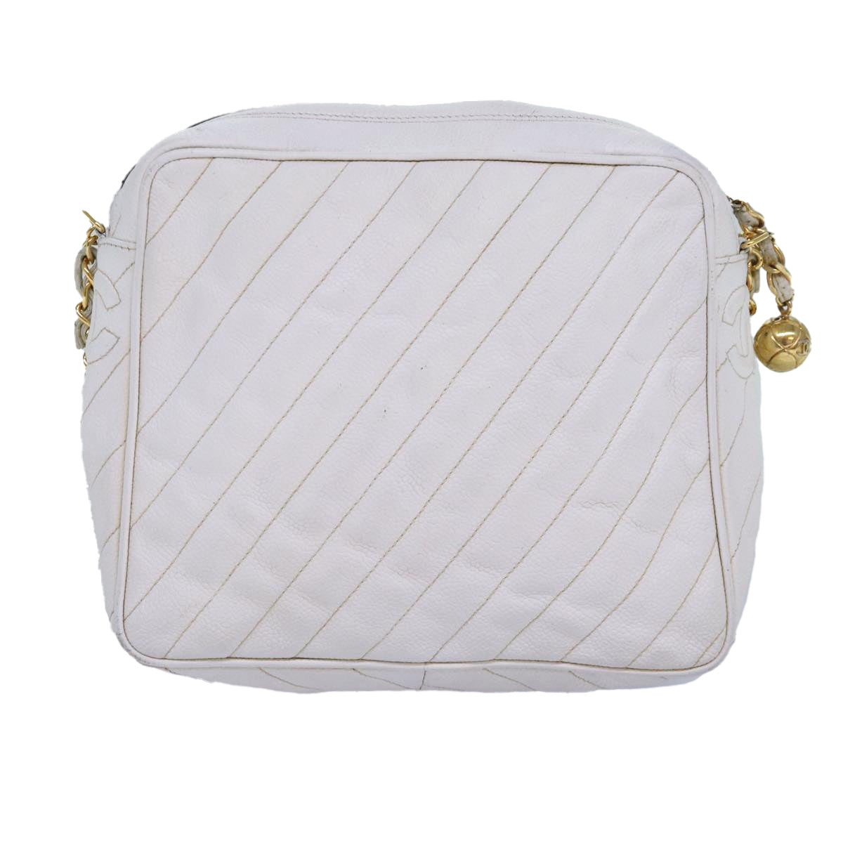 Top Quality Chanel Mademoiselle Chain Shoulder Bag Caviar Skin White Gold CC Auth bs17332