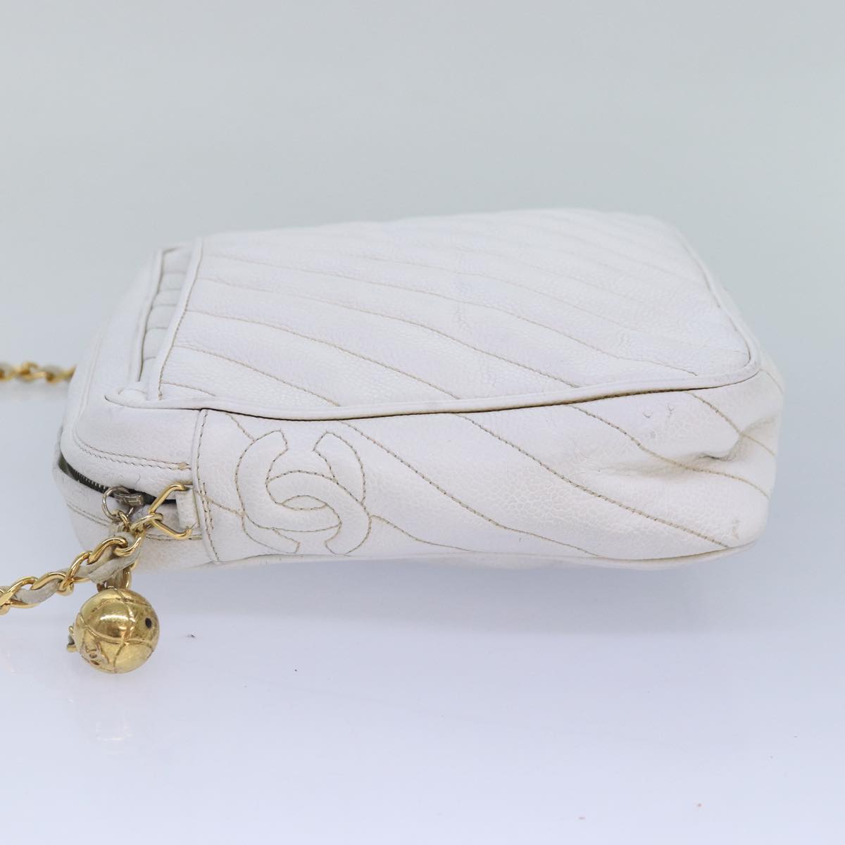 Top Quality Chanel Mademoiselle Chain Shoulder Bag Caviar Skin White Gold CC Auth bs17332