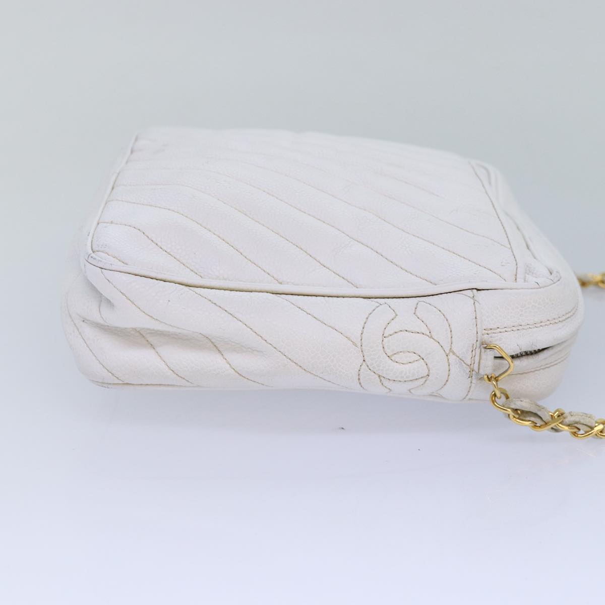 Top Quality Chanel Mademoiselle Chain Shoulder Bag Caviar Skin White Gold CC Auth bs17332