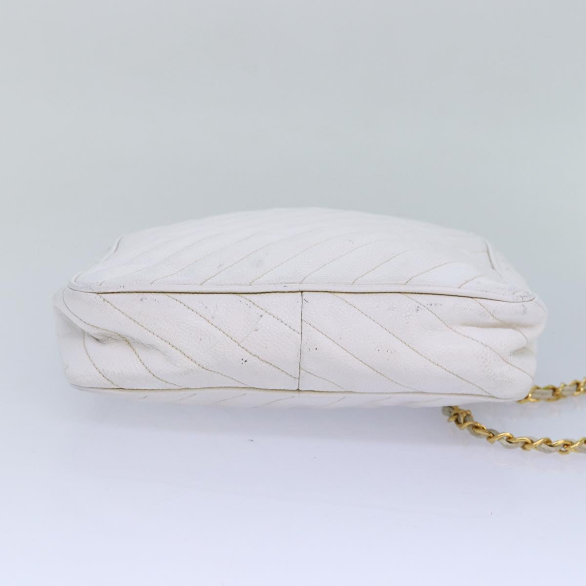 Top Quality Chanel Mademoiselle Chain Shoulder Bag Caviar Skin White Gold CC Auth bs17332