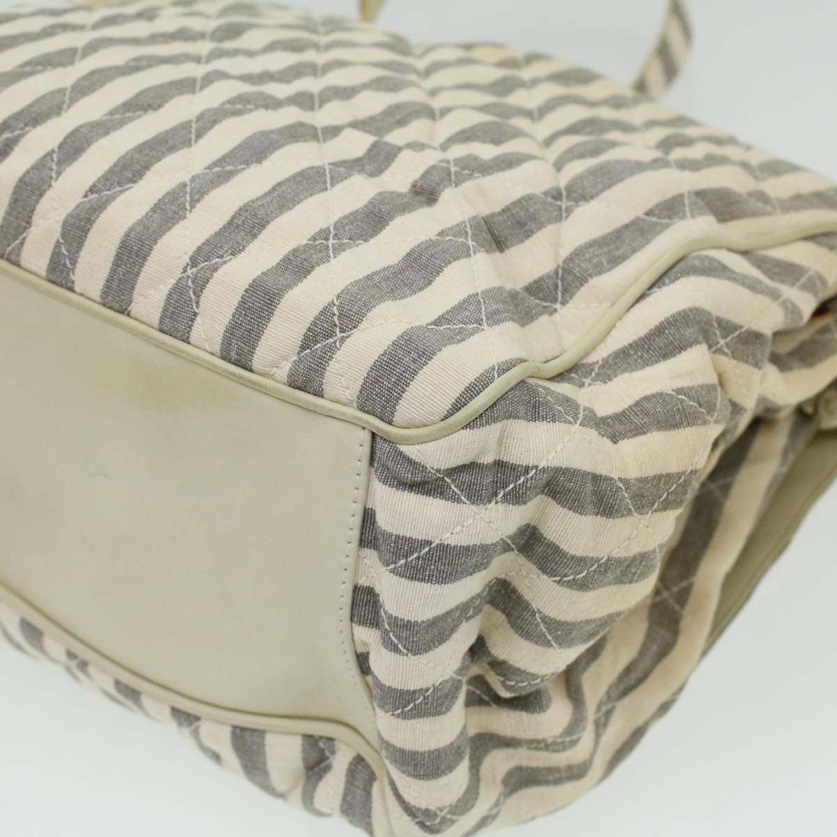 CHANEL Striped Matelasse Chain Shoulder Bag Canvas White Gray CC Auth bs3642