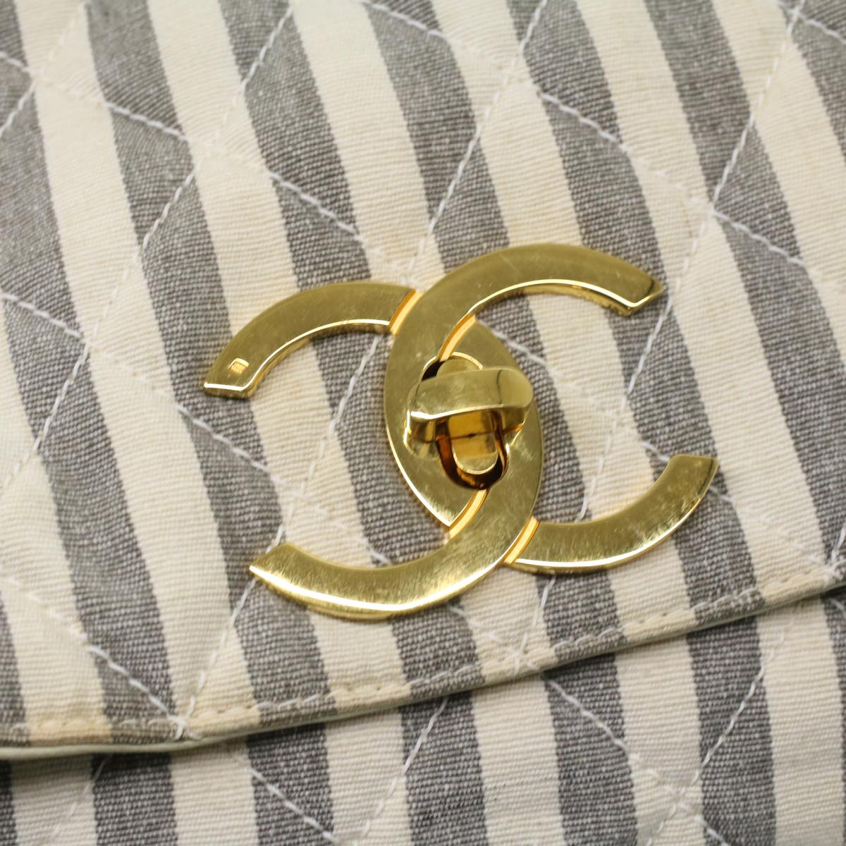 CHANEL Striped Matelasse Chain Shoulder Bag Canvas White Gray CC Auth bs3642